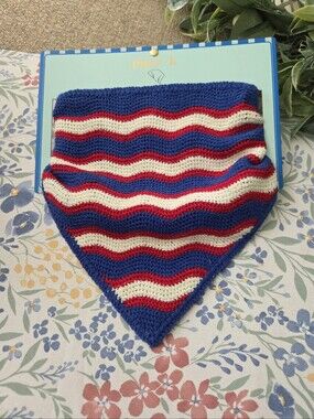 Piper K Blue Red Cream Striped Crochet Hair Scarf